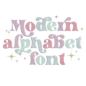May include: Modern alphabet font in a pastel colour scheme with sparkling stars. The text reads "Modern alphabet font".