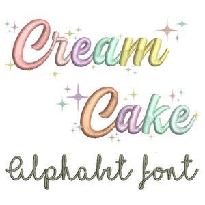 Cream Cake-lettertype met borduurmotieven sterren en cursief duo-lettertype, 4 maten, PES DST, satijnen gevulde steken, dubbele lettertypen, scriptlettertype, babylettertypen