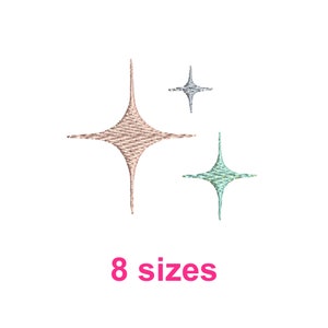May include: Three sparkly stars in pink, silver, and teal. The stars are arranged in a cluster and the text "8 sizes" is below the stars.