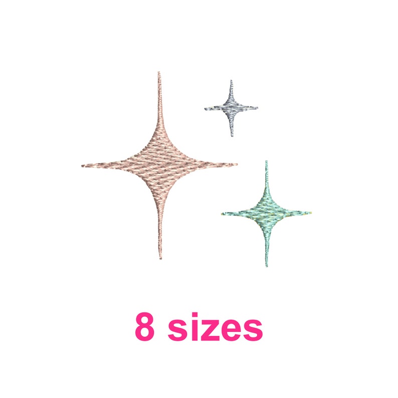 May include: Three sparkly stars in pink, silver, and teal. The stars are arranged in a cluster and the text "8 sizes" is below the stars.