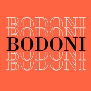 May include: An orange background with the word "BODONI" in bold black letters. Above and below the word "BODONI" are the words "RODONI" in a white, stylized font. The text is arranged in a vertical pattern.