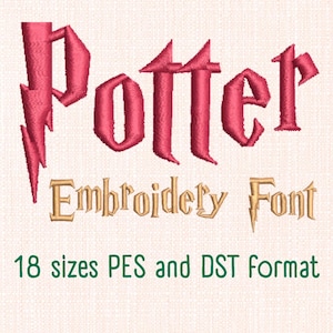 May include: An embroidered design with the word "Potter" in red, stylized font with a lightning bolt. Below, "Embroidery Font" is in gold, with the text "18 sizes PES and DST format" in green.