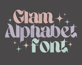 Carattere Glam Alphabet Retro Serif con stelle, carattere ricamo 6 dimensioni, ricamo punto satin, carattere ricamo retrò, carattere vintage, carattere Groovy