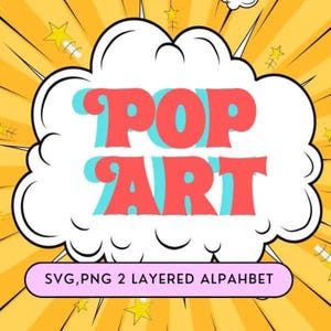 Puede incluir: Una nube blanca con contorno negro, con el texto "POP ART" en letras rojas y azules. La nube está sobre un fondo amarillo con estrellas amarillas y líneas blancas que irradian desde el centro.