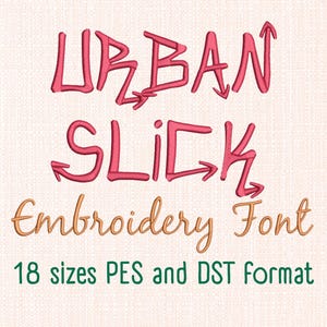 May include: An embroidered design featuring the words "URBAN SLICK Embroidery Font" in pink and gold lettering. The text is displayed on a beige fabric background. The design includes the text "18 sizes PES and DST format" in green.