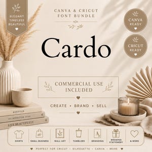 Könnte beinhalten: Eine digitale Schriftarten-Paketwerbung mit dem Titel Cardo, inklusive Canva und Cricut ready Etiketten. Die Grafik enthält Text mit commercial use included, create, brand, sell und listet Anwendungen wie shirts, wall art und branding auf.