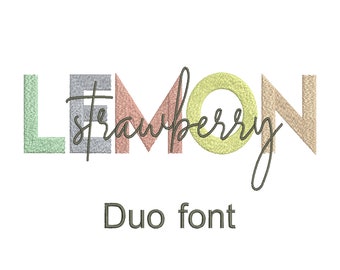 Carattere ricamo Duo Lemon, carattere script Ricamo punto pieno, carattere Duo Letters, carattere Duo Farmhouse e carattere Script Caratteri Alphabet 2