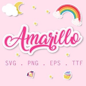 May include: A pink background with a white cloud and a yellow crescent moon. The word "Amarillo" is written in pink cursive letters with a white outline. There are yellow stars scattered around the image. The words "SVG, PNG, EPS, TTF" are written in black below the word "Amarillo".