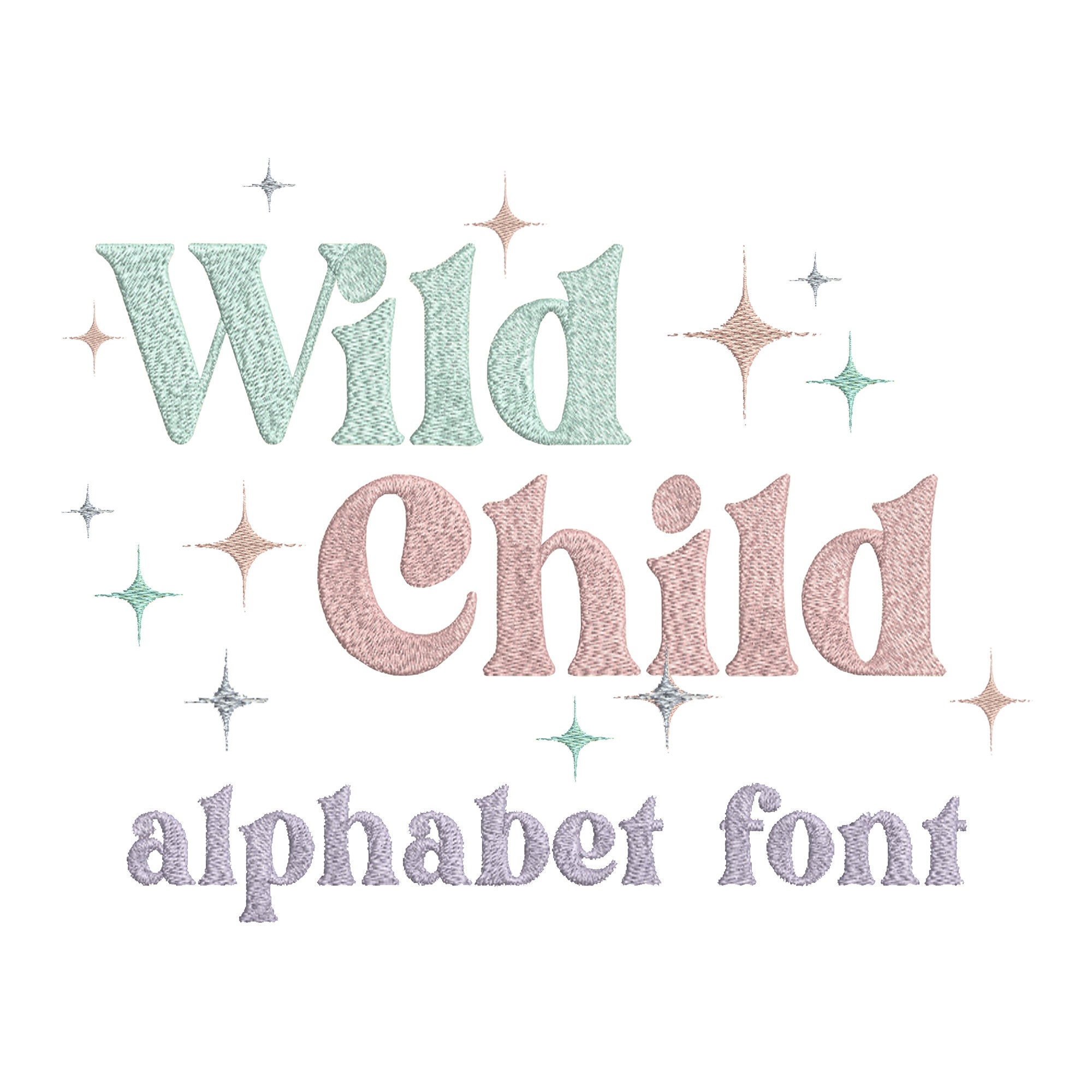 Carattere Wild Child Retro Serif con disegni di ricamo a stella, 7 dimensioni, ricamo a punto satinato, carattere ricamo retrò, carattere vintage, carattere Groovy