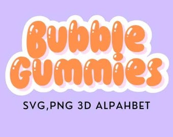 Puede incluir: Un diseño de fuente de alfabeto 3D en naranja y blanco, con las palabras "Bubble Gummies" en un estilo de burbuja. El texto "SVG, PNG 3D Alphabet" está debajo del texto principal.