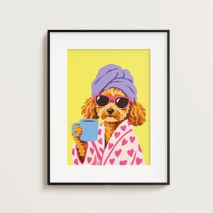 Stampa artistica da parete con Cockapoo, poster divertente con cane, stampa di Cockapoo con tè, cane in accappatoio, regalo per amanti dei Cockapoo, decorazione da parete per amanti dei cani, stampa con caffè