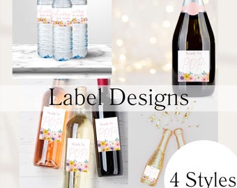 Op de afbeelding: Afbeelding met etiketontwerpen voor verschillende flessen, waaronder waterflessen, champagne en wijnflessen. De etiketten hebben bloemmotieven en de tekst "Ready to POP" en "Avery Avery Baby Shower". De afbeelding bevat ook de tekst "Label Designs" en "4 Styles".