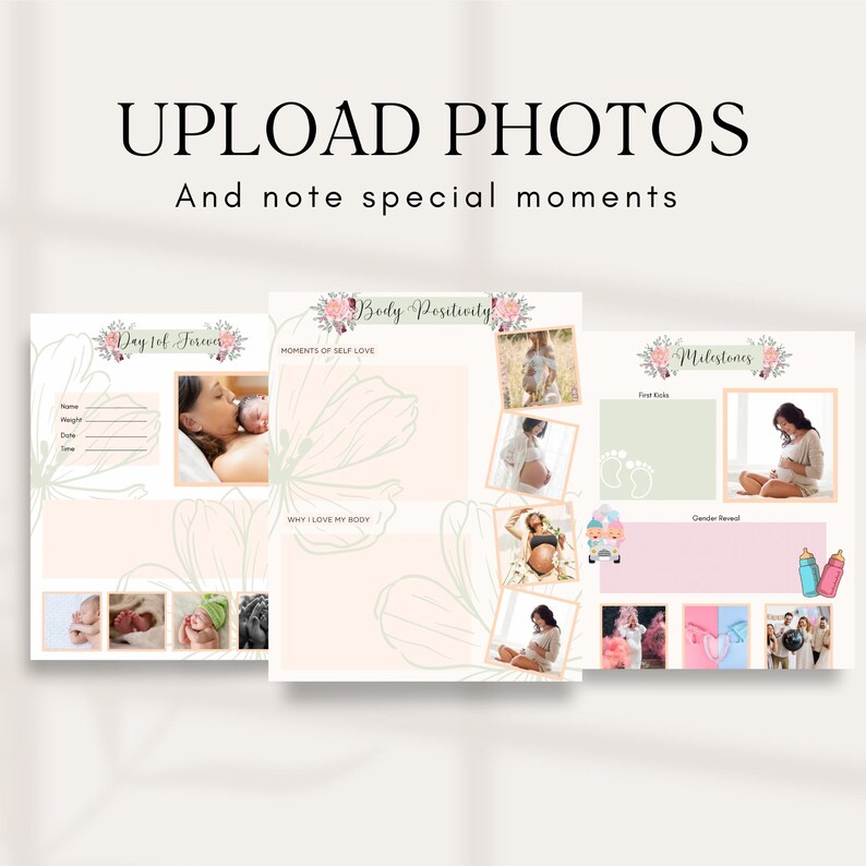 Op de afbeelding: Drie afdrukbare pagina's met bloemmotieven en tekstvakken om foto's te uploaden en notities te schrijven. De pagina's zijn getiteld "Day 1 Forever", "Body Positivity" en "Milestones".