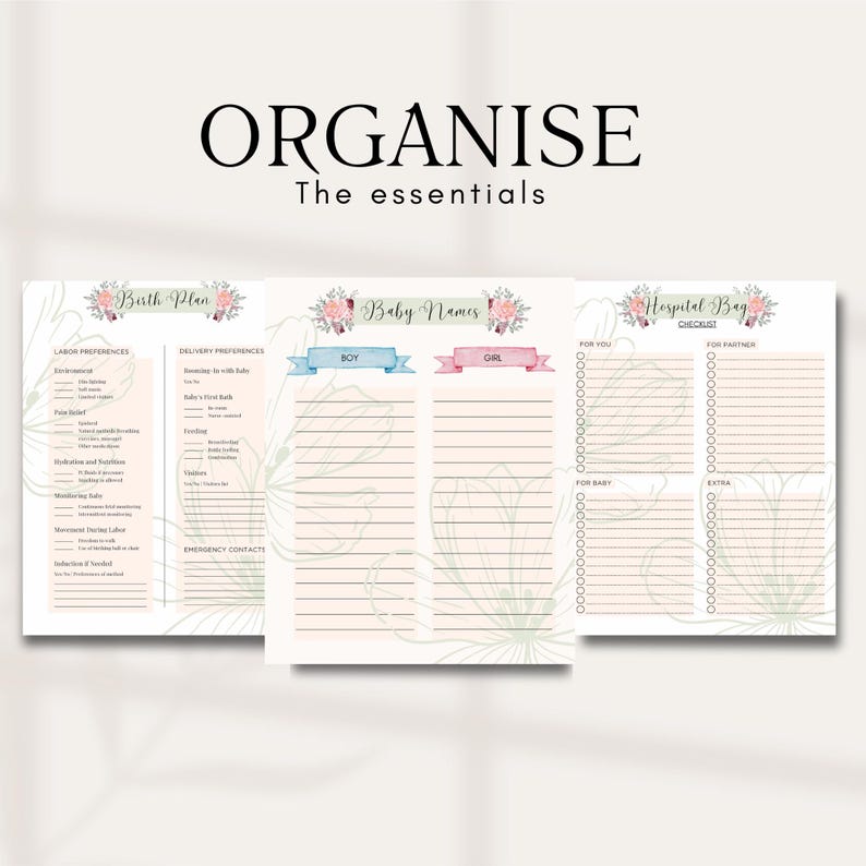 Op de afbeelding: Printbare checklist om een ​​ziekenhuistas voor een pasgeboren baby te organiseren. De checklist bevat secties voor de ouder, partner, baby en extra items. De checklist is versierd met bloemillustraties.