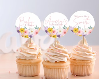 Bewerkbare babyshower cupcake toppers – baby in bloei thema – bloemencanva sjabloon – Boho afdrukbaar feestdecor – aangepaste naam topper BS1002