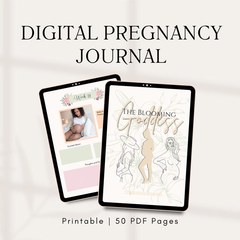 Op de afbeelding: Een digitaal zwangerschapsdagboek met een bloemenontwerp en de tekst "The Blooming Goddess Pregnancy Journal". Het dagboek bevindt zich op een tabletscherm en heeft een printbare versie met 50 pagina's.