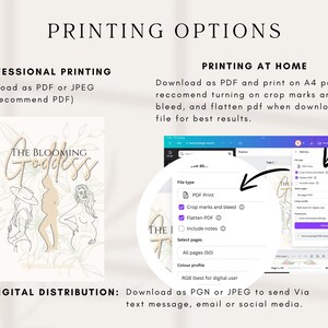 Op de afbeelding: Een digitaal printbaar ontwerp voor "The Blooming Goddess" met een lijntekening van drie vrouwen in verschillende poses. Het ontwerp is beschikbaar voor professioneel printen als PDF of JPEG, of voor printen thuis op A4-papier. Het ontwerp kan ook worden gedownload als PGN of JPEG voor digitale distributie.