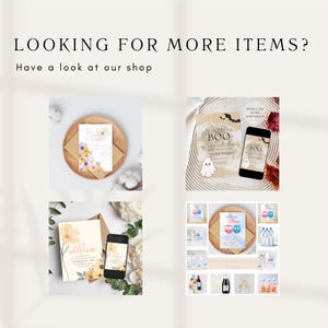 Op de afbeelding: Een collage van afdrukbare uitnodigingen en digitale ontwerpen voor verschillende evenementen, waaronder een babyshower, een verjaardagsfeestje en een bruiloft. De ontwerpen bevatten bloemenpatronen, uilen, geesten en vleermuizen.