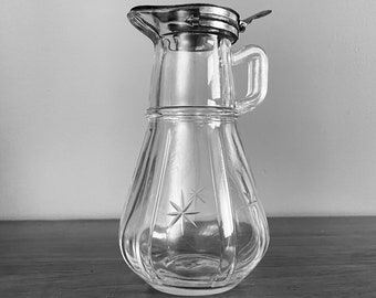 Depression Glass Rare Hazel Atlas Maple Syrup Molasses Pitcher Jug with Metal Lid Starburst Pattern Clear Vintage Serveware Tableware