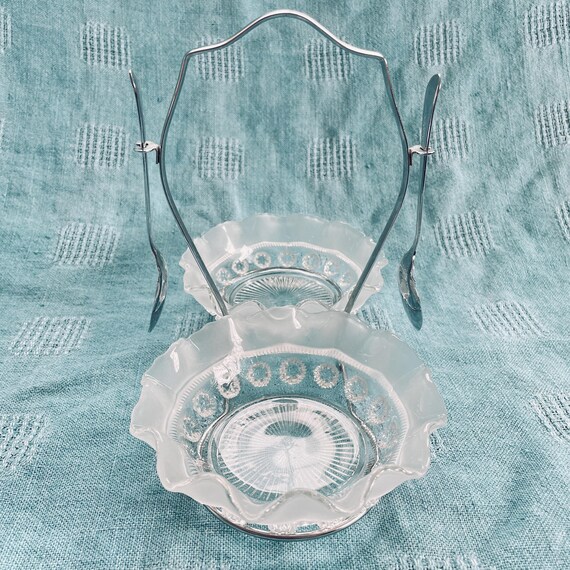 Art Deco 1930s Serving Dish Set, Davidson Glass Blackberry Prunt Relish/Jam/Condiment Set with Chrome Caddy & Spoons, Clear Depression Glass