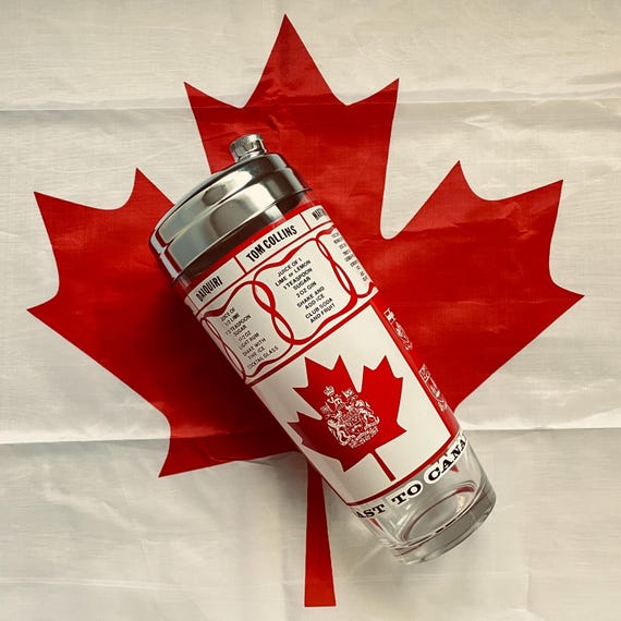 Rare Vintage “A Toast to Canada” Cocktail Shaker – Mid Century Canadian Barware, Patriotic Glass with Recipes, Canada Day Decor