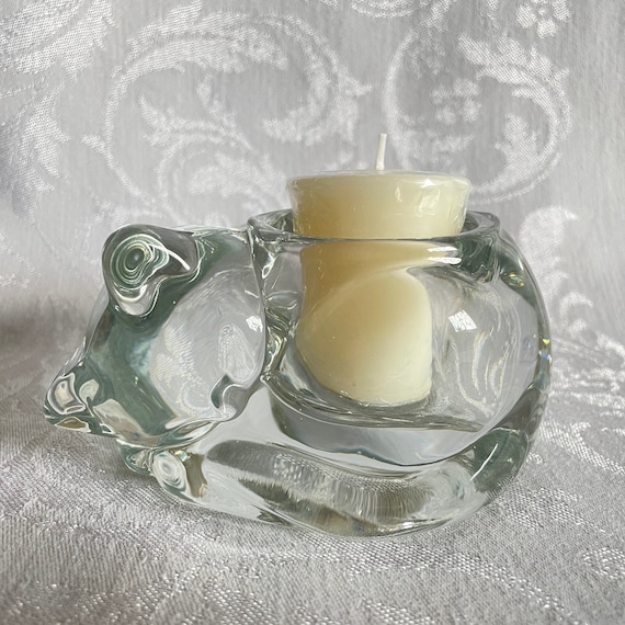 Votive or Tea Light Candle Holder Gift Paperweight Indiana Glass Crystal Clear Sleeping Kitty Cat Mid Century Modern Vintage Glassware