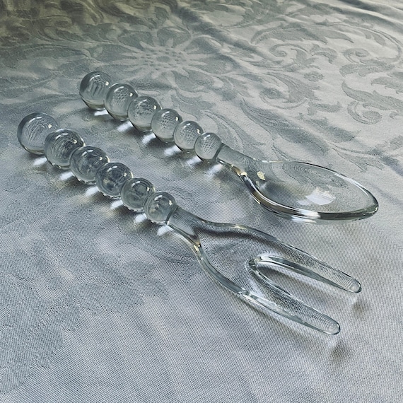 Vintage Glass Salad Serving Utensils - Large Fork & Spoon, Imperial Candlewick Glass, Timeless Vintage Elegance