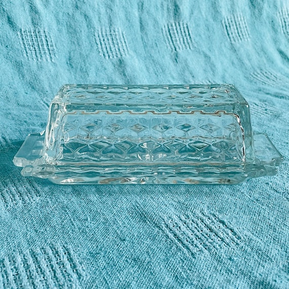Butter Dish and Cover Set Vintage 1960s Indiana Glass American Whitehall Cubist Clear Glass Geometric Mid Century Modern Vintage Serveware