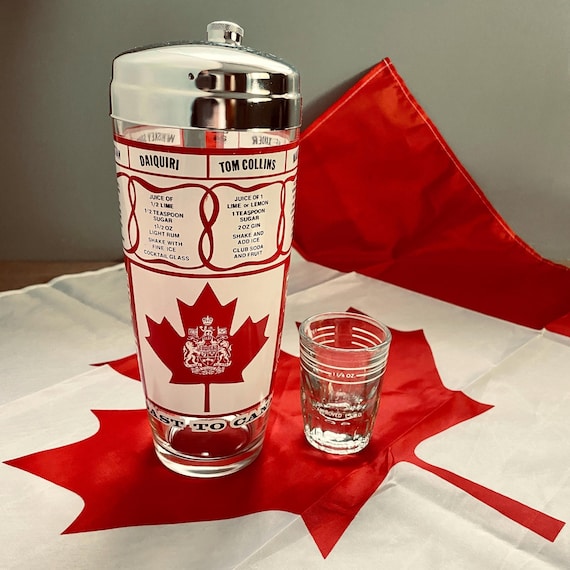 Rare Vintage “A Toast to Canada” Cocktail Shaker – Mid Century Canadian Barware, Patriotic Glass with Recipes, Canada Day Decor