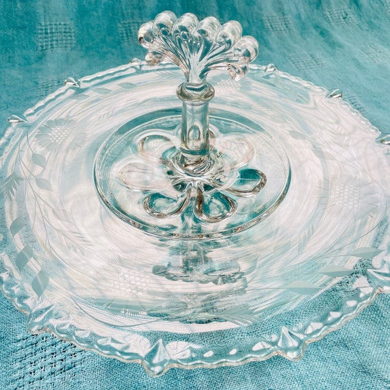 Vintage Depression Glass Tidbit Tray with Corn Flower Motif by W.J. Hughes - Elegant Paden City Glass Co. Design