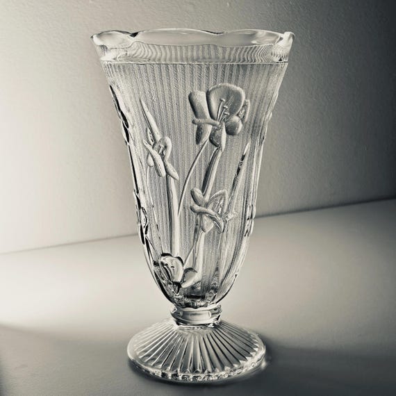 Vintage Jeannette Glass Iris Vase, 9” Footed Depression Glass, 1920s Floral Relief Pattern