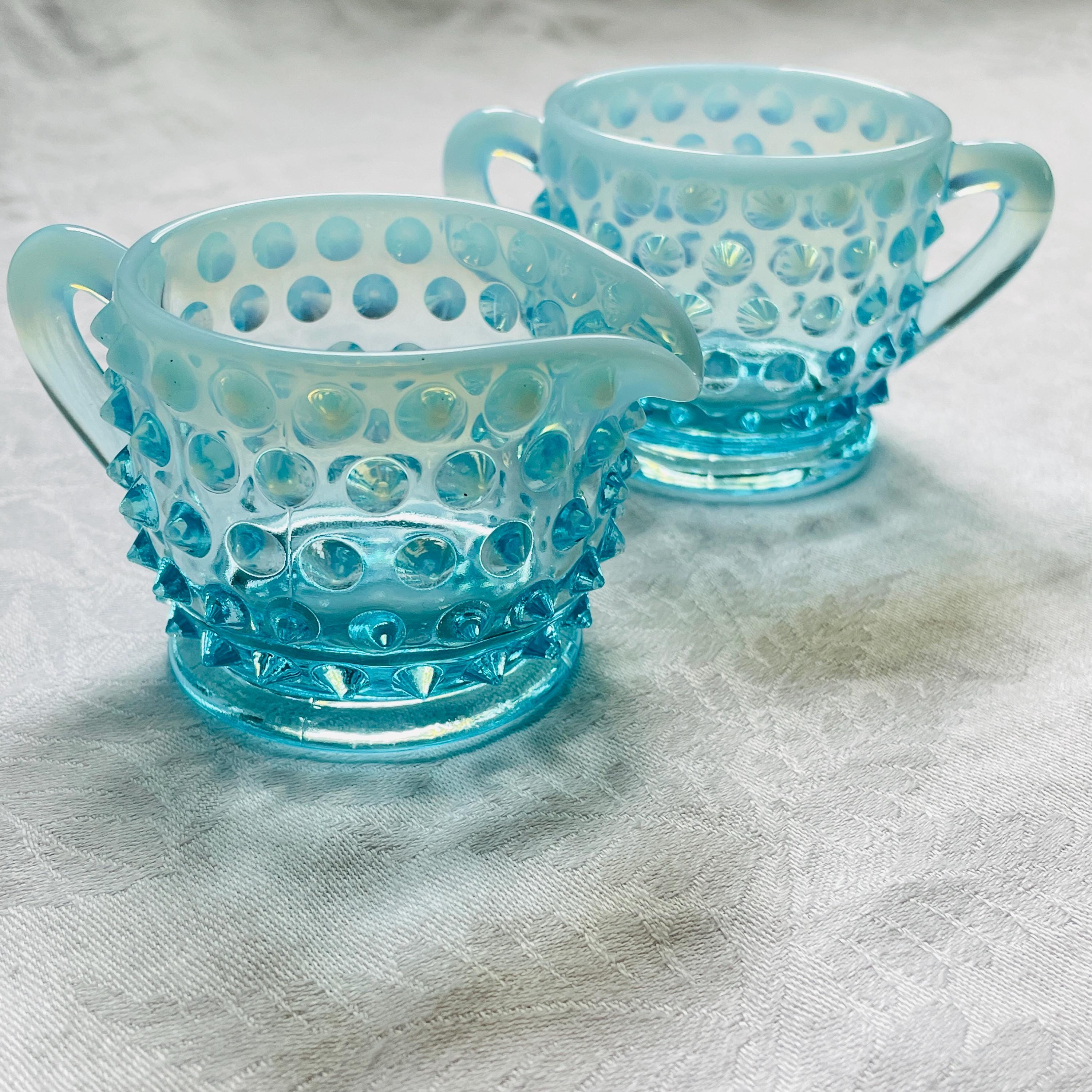 Vintage Fenton Hobnail Blue Opalescent Glass Set: Cruet & Stopper