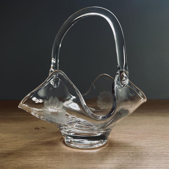 W.J. Hughes Corn Flower Viking Glass Basket - Vintage Epic #1179 Candy Dish - 1950s Etched Glass, MCM Decor, Rare Collectible