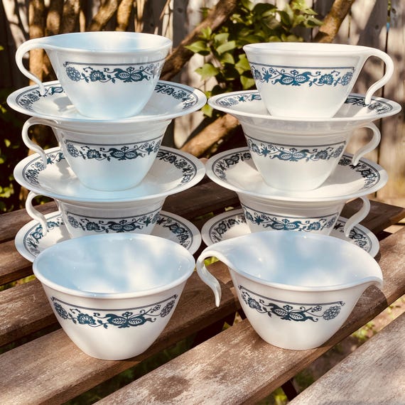 Vintage Corelle Old Town Blue 14 pc Flat Cup & Saucer Set with Creamer + Sugar Bowl • Classic Blue Onion Pattern • Cottagecore Teatime Vibes