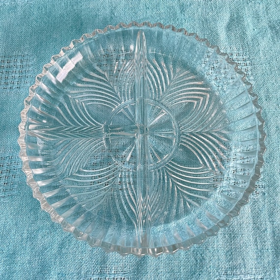 Serving Platter Relish Tray Vintage Art Deco Indiana Glass 3 Sectioned 7" Ridge Fan Pattern Clear Glass Candy, Nut, Olives, Pickle Serveware