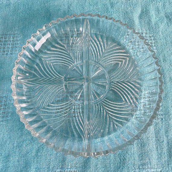 Serving Platter Relish Tray Vintage Art Deco Indiana Glass 3 Sectioned 7" Ridge Fan Pattern Clear Glass Candy, Nut, Olives, Pickle Serveware