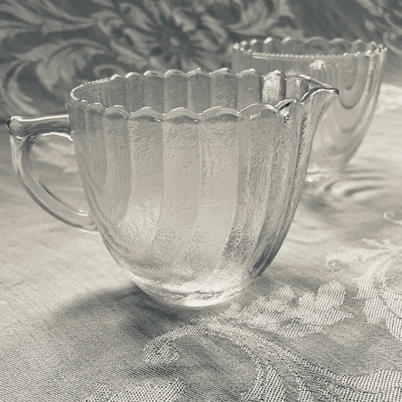 Rare Frosted Shell Pattern Open Sugar and Creamer Set from Anchor Hocking - Coffee and Tea Serveware, Vintage Glass Tableware