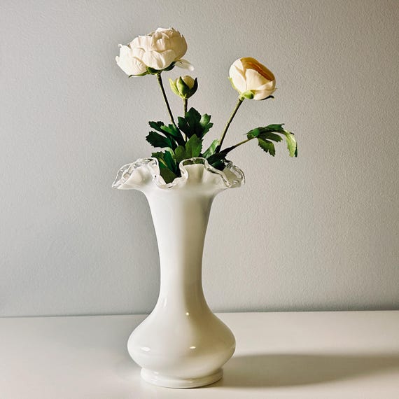Vintage Fenton Silver Crest Vase, 8” Milk Glass Ruffled Edge, Double Crimped Trumpet Vase, Cottage Decor