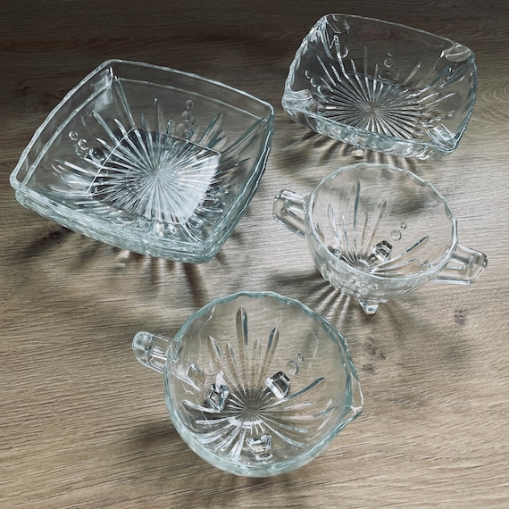 Retro Atomic Starburst Glass 6 piece Serveware Set: Creamer & Sugar Set for Coffee/Tea, Three Serving Bowls plus One Ashtray/Trinket Dish