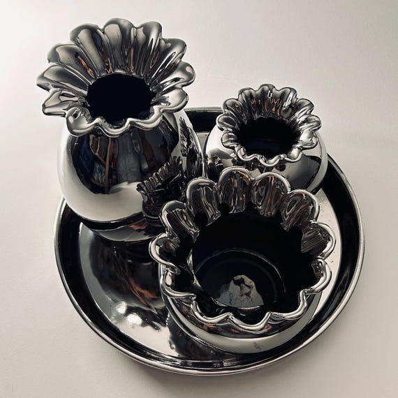 Vintage Sculptural Bud Vase Centerpiece – Chrome Glaze Ceramic Mid Century Modern