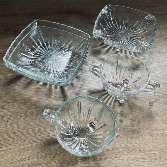 Vintage Atomic Starburst Glass Serveware Set: Creamer, Sugar, Bowls, Ashtray