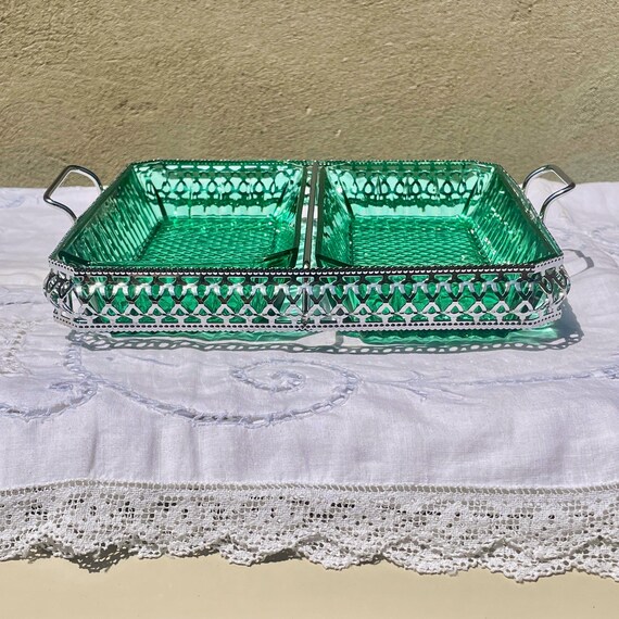 Arcoroc France Emerald Green Glass Appetizer Tray - Diamant Pattern Metal Caddy