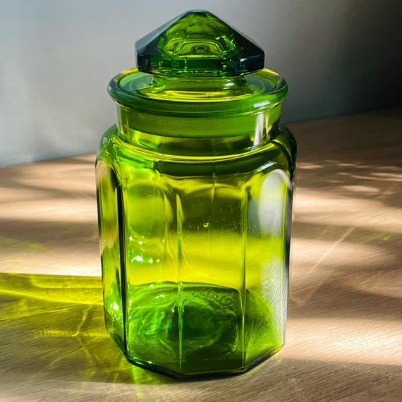 Vintage LE Smith Avocado Green Glass Canister: 9.75" Paneled Apothecary Jar