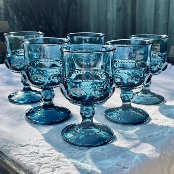 Vintage Color Crown Blue Claret Wine Glass – Colony by Indiana Glass • King’s Crown Thumbprint • 4-3/8" Teal Blue Stemware
