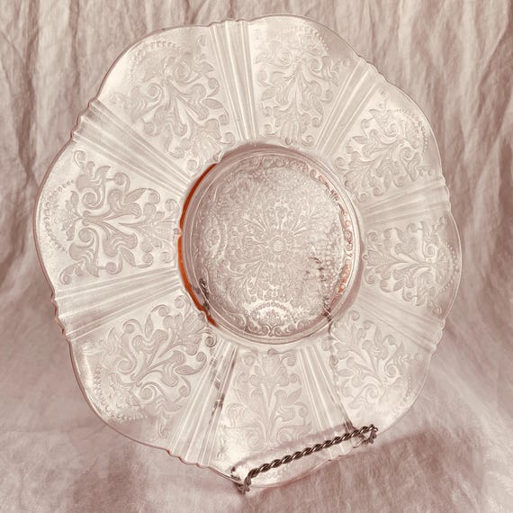 Vintage 1930s Cake Plate 12", Macbeth Evans American Sweetheart Pink - Pink Depression Glass Cake Plate Fancy Sandwich/Tidbit Platter