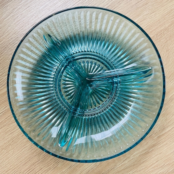 Vintage Aqua Glass Divided Plate - KIG Indonesia 8" Serving Platter with 3 Sections