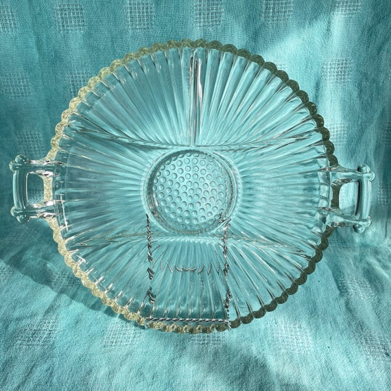 Serving Platter Relish Tray Vintage 1940s Jeanette Glass National Pattern Crystal Clear Glass 6 Sectioned Art Deco Mid Century Serveware