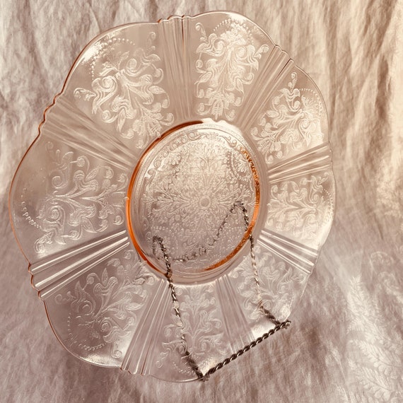 Vintage 1930s Cake Plate 12", Macbeth Evans American Sweetheart Pink - Pink Depression Glass Cake Plate Fancy Sandwich/Tidbit Platter