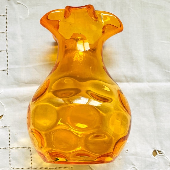 Vintage Orange Optic Glass Vase, Inverted Thumbprint Pattern, Mid-Century Art Glass Home Decor