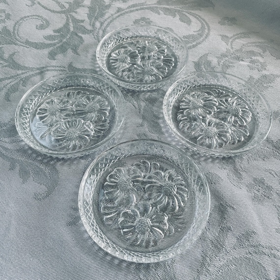 Set of Four Vintage Floral Glass Coasters, Breteuil by Cristal d'Arques, Made in France